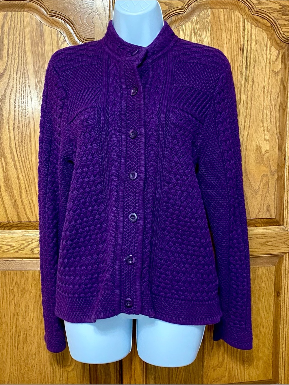 L.L. Bean Purple Cable Knit Cardigan Sweater Sz M 100% Cotton Chunky Fisherman